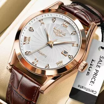 LIGE New Men Watch Fashion Business Waterproof Leather Men s Quartz Watch розового золота/белый