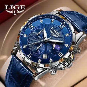 LIGE Новые кварцевые часы для мужчин Лучший бренд класса люкс кожаные модные мужские часы спортивные водонепроницаемые хронограф синий