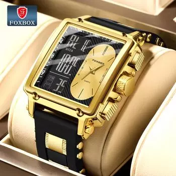 LIGE новые модные мужские часы FOXBOX брендовые многофункциональные светящиеся спортивные водонепроницаемые кварцевые часы мужские подарки золотой