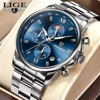 LIGE Новые модные мужские часы светящиеся водонепроницаемые мужские кварцевые часы из нержавеющей стали серебряный/синий