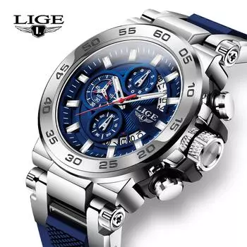 LIGE Новые мужские часы Лучший бренд класса люкс с большим циферблатом Мужские спортивные водонепроницаемые кварцевые часы синий