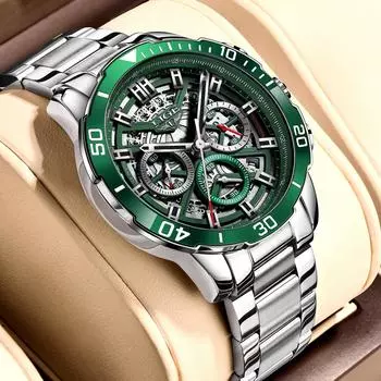 LIGE Новые мужские часы Лучший бренд моды Роскошные деловые полые водонепроницаемые мужские кварцевые часы из нержавеющей стали зелёный
