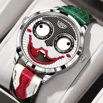 LIGE Новые мужские часы Уникальный дизайн циферблата клоуна Креативные часы Модные повседневные кожаные кварцевые часы красный/серебряный