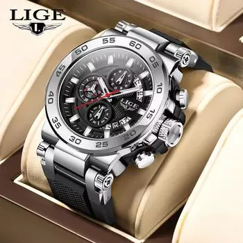LIGE Новые мужские кварцевые часы Многофункциональные большие циферблаты Светящиеся водонепроницаемые спортивные кварцевые часы серебряный