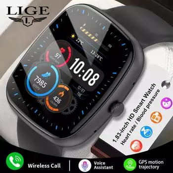 LIGE Новые Смарт-часы Bluetooth с вызовом Full Touch Водонепроницаемый Смарт-браслет Мониторинг здоровья Спорт Фитнес Смарт-часы Silicone strap чёрный