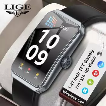 LIGE Новые умные часы Bluetooth Call Мужские умные часы Спорт на открытом воздухе Фитнес Водонепроницаемый умный браслет Женские умные часы silicone strap чёрный