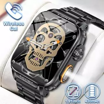 LIGE Новые умные часы с функцией Bluetooth Call, 1,91-дюймовым экраном HD, спортивные фитнес-часы для мужчин, спортивные часы для активного отдыха, фонарик P5, умные часы silicone strap чёрный