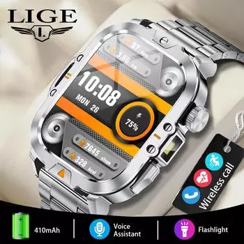 LIGE новые умные часы светодиодный фонарик Bluetooth вызов мониторинг здоровья спортивные водонепроницаемые умные часы silicone strap чёрный
