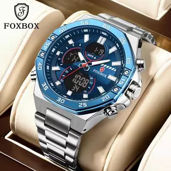 LIGE оригинальные мужские кварцевые часы FOXBOX модные повседневные цифровые часы с двойным дисплеем ночник водонепроницаемые полностью стальные кварцевые часы