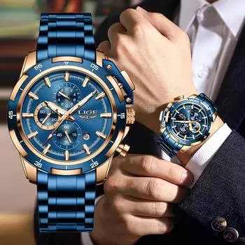 LIGE Роскошные деловые мужские часы, синие цельнометаллические спортивные кварцевые часы, водонепроницаемые автоматические часы с датой, большие часы