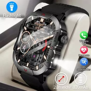 LIGE светодиодный фонарик мужские умные часы 2,01 дюймовый HD экран здоровый спорт на открытом воздухе водонепроницаемые мужские умные часы silicone strap чёрный