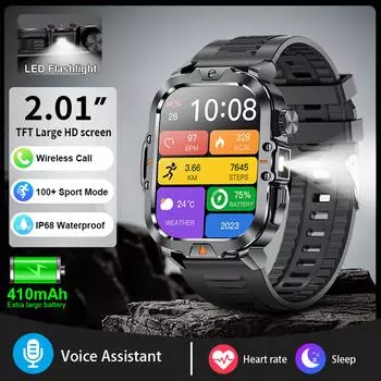 LIGE LED Фонарик Смарт-часы 2.01 TFT Большой экран Спорт Фитнес Мониторинг здоровья Bluetooth Звонки Водонепроницаемые Смарт-часы Silicone strap чёрный
