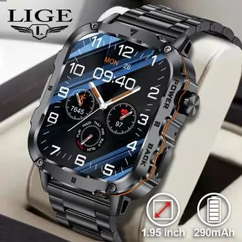 LIGE Умные часы 1,95-дюймовый дисплей водонепроницаемый Bluetooth вызов спорт фитнес умные часы для Android IOS silicone strap чёрный