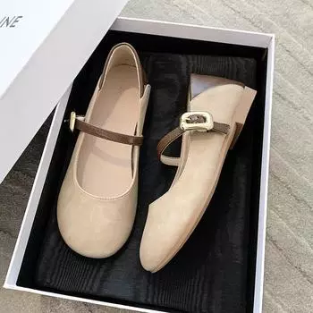 Light beige single shoes female spring new one-word with fairy gentle suede Mary Jane shoes flat beanie shoes 35