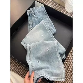 Light Blue Bow Embroidered Straight Jeans Women Summer Plus size Chubby Girl High Waist Loose Slimming Wide Leg Trousers Blue 2 Size XL [67.50 kg-75.00 kg]]