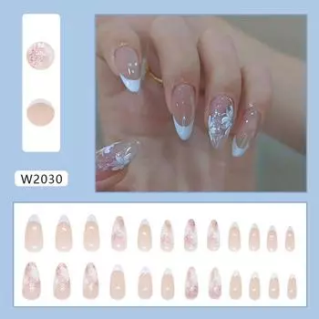 Light blue French fine glitter flower removable manicure 24 pieces press on nails