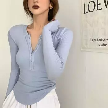 Light Fashion Sweet Cool Curved Long Sleeves T-Shirt Women s Clothing 2025 Fall and Winter New Arrival Deep V-neck Double-Breasted Silm Slimming Top Sky Blue S