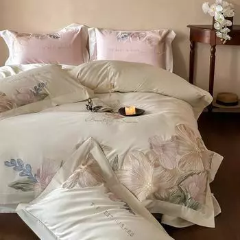 Light Luxury 100 4Pcs Set Class A, Pure Cotton Embroidery 4Pcs Set, Long-Staple Cotton 4Pcs Set Class A 1.5m bed sheet 4pc quilt size 2*2.3m