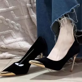 Light luxury black suede high heels women s thin heels 2025 new spring and summer banquet temperament imperial sister shallow mouth pointed single sho 35