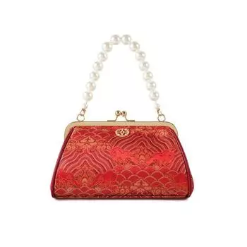 Light Luxury Cloisonne Enamel Embossed Embroidered Handbag Pearl Chain Handbag Shoulder Shoulder Dual-Use Bag Wedding Bag Red