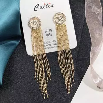 Light luxury flash diamond long fringed stud earrings femininity cold wind earrings simple atmosphere party earrings