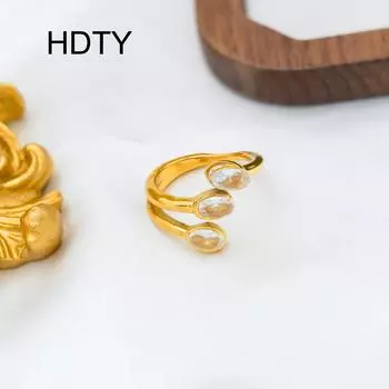 Light luxury geometric three-layer zircon-inlaid titanium steel ring plated with 18k gold temperament high-end niche ring jewelry No. 6 золотой