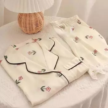 Light Luxury High-end Pajamas Women s Long-sleeved Silk Satin Homewear Ladies Sexy Casual Loose Two-piece Suit Nightwear M