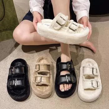 Light luxury Korean style~ thick bottom heightening ins Internet celebrity fluffy slippers women 2025 winter versatile velvet warm cotton mop 35