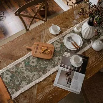 Light Luxury Oil Painting Burlap Table Runner Vintage Nordic Style Table Cover Home S-Style 6