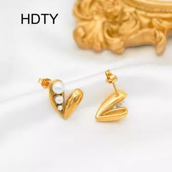Light luxury peach heart inlaid shell bead earrings titanium steel plated 18k gold temperament simple fashion earrings fashion золотой
