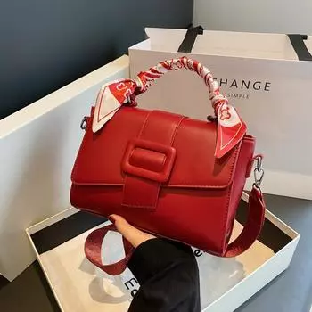 Маленькая квадратная сумка в стиле легкой роскоши Новая женская сумка из ПУ Летняя однотонная сумка-кроссбоди с шарфом Модная сумка на одно плечо (20cm<Max Length<30cm)