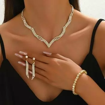Light Luxury Super Flash Long Fringed Earrings Necklace Bracelet Temperament Luxury High Sense Three-Piece Set