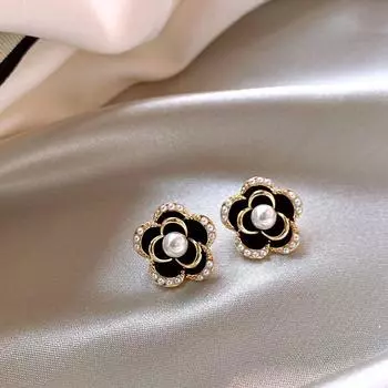 Light Luxury Temperament Stud Earrings Trendy Women s Sterling Silver Camellia Pearl Black Pearl Camellia Flower