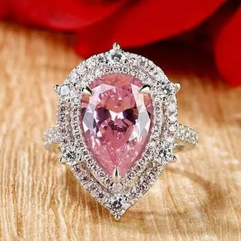 Light Luxury Water Drop-Shaped Slightly Inlaid Diamond Ring, Sweet Pink Pear-Shaped Ring For Women 6