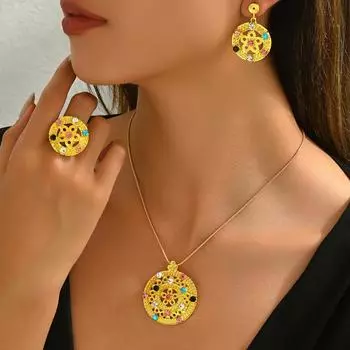Light Luxury Women s Necklace Earrings Set Geometric Inlaid Colored Diamond Open Ring Chinese Antique Jewelry Women