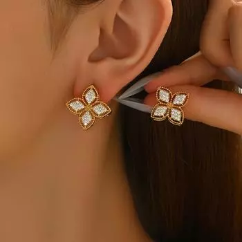 Light luxury women s stud earrings, versatile four-leaf clover flower design inlaid zircon earrings, high-end earrings for women