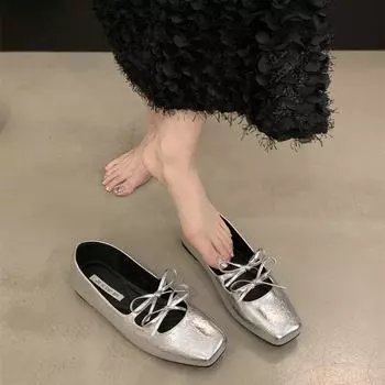 Light mouth lace-up bow silver Mary Jane shoes spring 2024 new soft flat French evening single shoes women s shoes 35 бежевый
