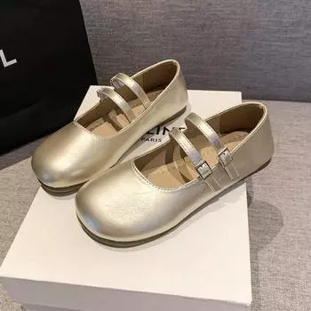 Light mouth round head champagne Doudou shoes autumn new double buckle belt single shoes with skirt Mary Jane shoes 35