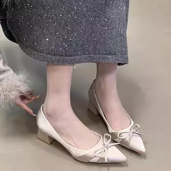 Light mouth sweet spring versatile face bow 2025 new commuter shoes Korean version satin pointed single shoes femininity 35 абрикосовый