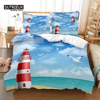 Lighthouse Bedding Set, 3Pcs Duvet Cover Set, Soft Comfortable Breathable Duvet Cover, For Bedroom Guest Room Decor EU single(135x200cm)