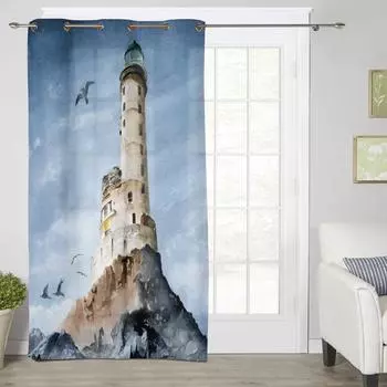 Lighthouse Island Винтаж Акварель Современные Оконные Шторы для Гостиной Спальни Шторы Кухни Обработка Жалюзи Шторы 135W x 60H(cm) x1