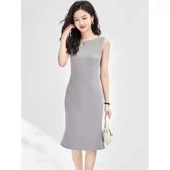 Lightly Mature Normcore All-Matching Sleeveless over the Knee Bodycon Dress Female 2025 Korean Style New Arrival Stereo Patchwork Slim-Fit Dress Dark gray S