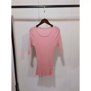 Lightweight Breathable Plaid round Neck Shirt with Half Sleeve Slim Fit Sunken Stripe Knitting T-shirt Women s Summer Basic Bottoming Shirt Spring As shown in the figure S
