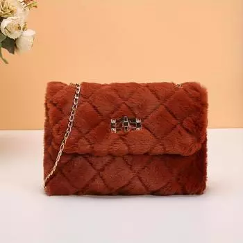 Lightweight Casual Faux Fur Crossbody Bag with Chain Strap and Turn-Lock Closure Fluffy Soft Messenger Shoulder Bag Removable Strap and Nylon Lining коричневый