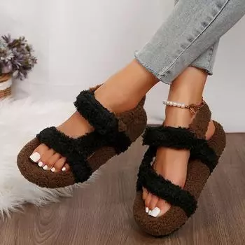 Lightweight Comfortable Sandals Woman Winter Warm Plush Sandals Ladies Brand Design Thick Sole Teddy Fur Outdoor Slipper Shoes 36 бежевый