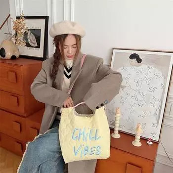 Lightweight Drawstring Puffer Tote Bag Large Capacity Down Fabric Shoulder Bag Ladies жёлтый