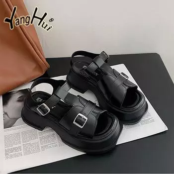 Легкие нескользящие сандалии женские летние 2024 года с металлической пряжкой в римском стиле с толстой подошвой, увеличивающие рост обувь для женщин 35 чёрный