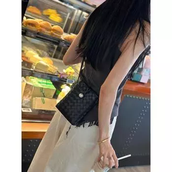 Lightweight Summer Authentic Leather Weave Fancy Mobile Phone Bag Black