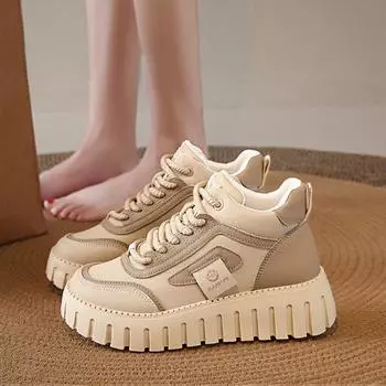 Lightweight women s 2025 new spring and summer leather waterproof and non-slip running sneakers thick-soled high-top fashion dad shoes 35 чёрный