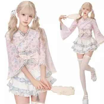 Ligwon Юката Лолита Японский Косплей Верх и Низ Милый Костюм для Культурной Школы Подарок Платье, Розовый, Стиль, Костюм, Комплект, Женский, Хэллоуин, розовый